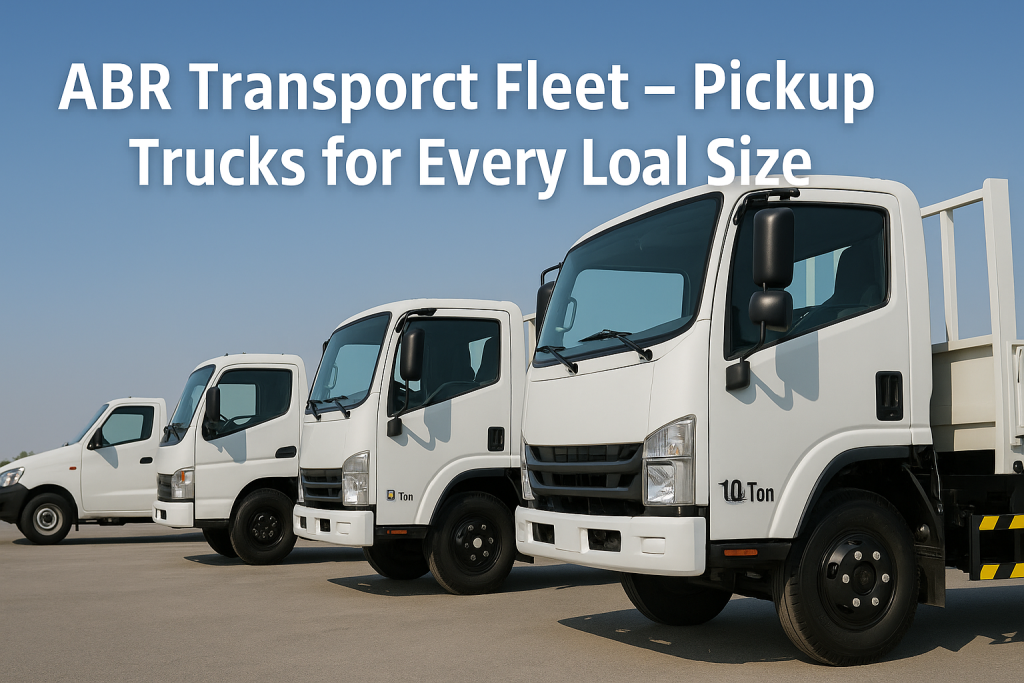  Various sizes of pickup trucks from ABR Transport lined up for rental in Dubai
