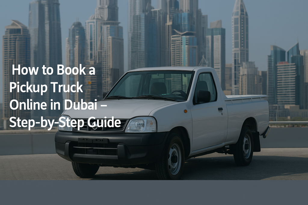 A person booking a pickup truck online in Dubai using a mobile phone with truck 