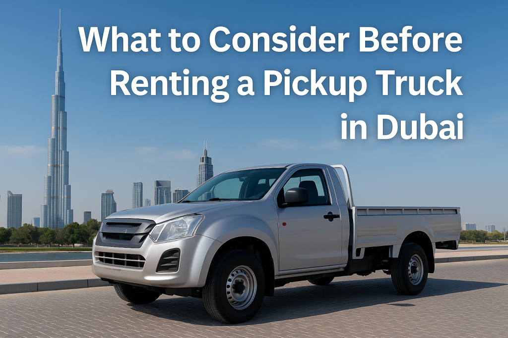 Modern pickup truck parked in Dubai, ready for rental delivery services