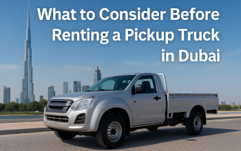Modern pickup truck parked in Dubai, ready for rental delivery services