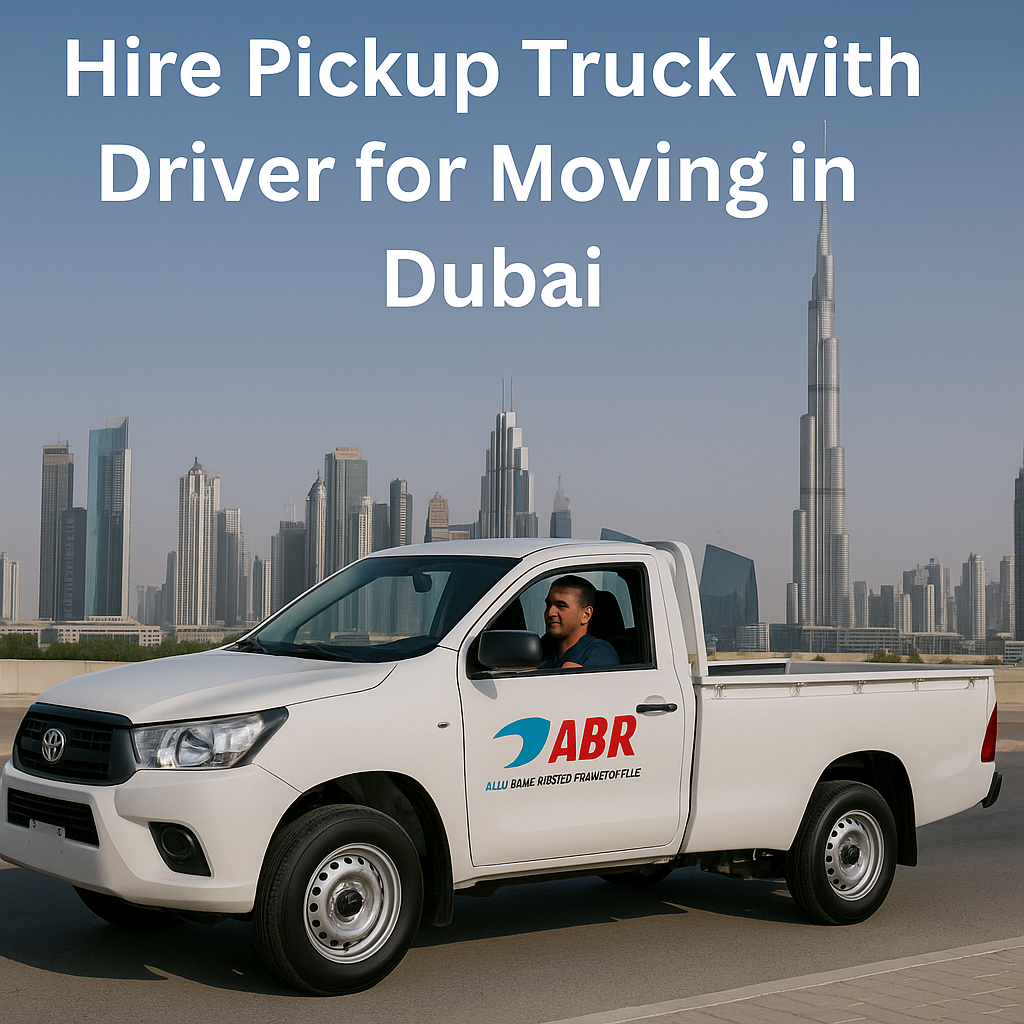 A pickup truck with driver ready for moving service in Dubai, branded with ABR Transport.