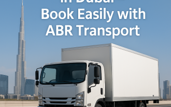 A white ABR Transport moving truck on Dubai roads, ready for rental services.