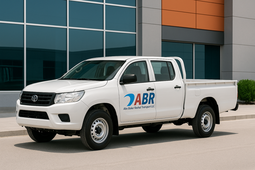 White pickup truck for business transport in Dubai by ABR Transport.