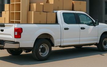 Large pickup truck loaded with furniture boxes in Dubai
